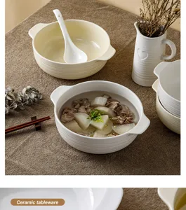 White ceramic double eared soup bowl large minimalist tableware for kitchen and home dining