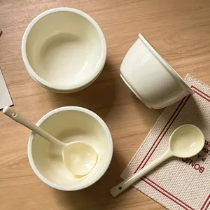 Korean style ceramic bowl set with spoon, cream white tableware for breakfast, soup and noodles.
