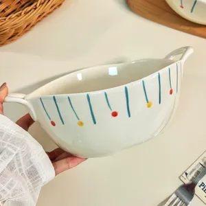 Cute Ins style ceramic double handle soup bowl, large capacity noodle bowl for home kitchen.