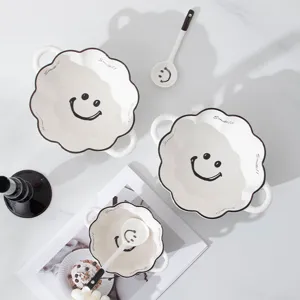 Cute ceramic bowl set with smiling face design, double ear soup bowl and spoon for home use.