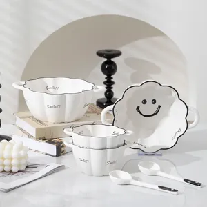 White ceramic pumpkin soup bowl set with cute smile design, double ears and matching spoons.
