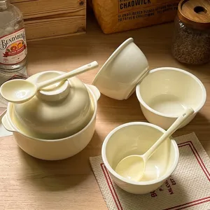 Korean ins-style ceramic tableware set featuring soup bowl, noodle bowl and matching spoons.
