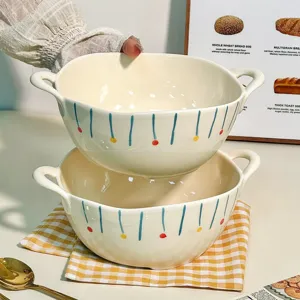 Ceramic double-eared soup bowl with cute hand-painted stripe pattern for home kitchen use.