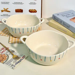 Cute ceramic double handle soup bowl, large capacity noodle bowl for home kitchen tabletop.