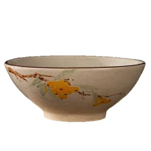 Retro Chinese style ceramic soup bowl with hand-painted fruit branch underglaze design.
