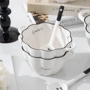Ceramic pumpkin soup bowl with double ears and matching spoon, cute smile design home tableware.