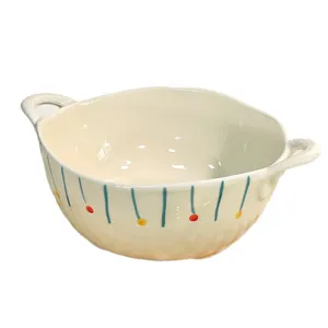 Cute ceramic double ear soup bowl with cute stripes, large capacity bowl for noodles and home use.