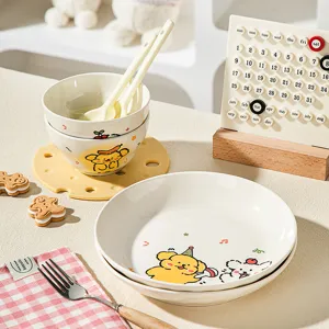 Cute ceramic bowl and plate set with adorable cartoon dog illustration, perfect for daily home dining.