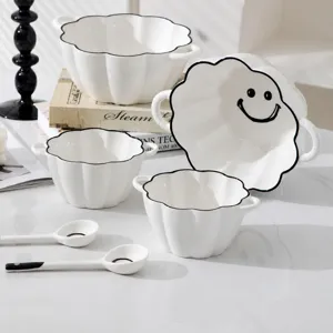 Simple ceramic pumpkin bowl set with cute smile face design, double ears, soup spoon included.