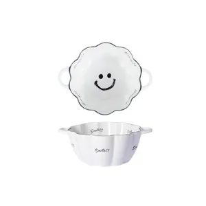 White ceramic double ear soup bowl with cute smiley face pattern, large capacity noodle bowl.