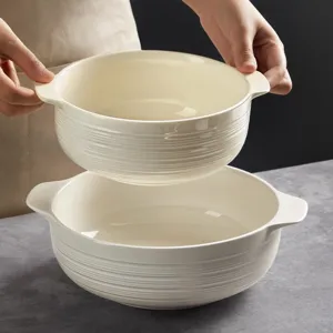 Minimalist Ceramic Double Ear Soup Bowl Large Household Noodle Bowl Color Glaze Deep Basin Tableware Kitchen Dining