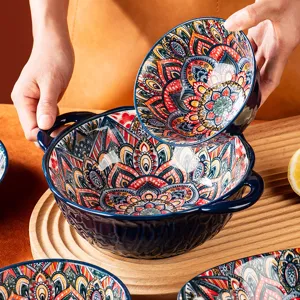 Bohemian style ceramic bowl set with underglaze vibrant mandala patterns for home kitchen use.
