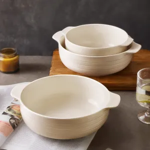White ceramic double-eared soup bowl, minimalist large ramen bowl for home kitchen use.