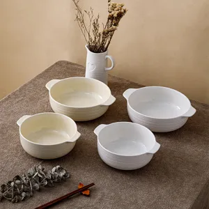 Minimalist ceramic double-ear soup bowl large white ramen bowl for home kitchen daily use.