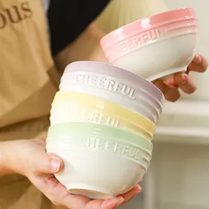 Bol à Riz en Céramique Dégradé Style Ins Ménage Simple Émail de Couleur Salade Yaourt Bol Compatible Micro-ondes Vaisselle de Cuisine