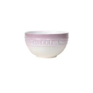 Bol à riz en céramique avec dégradé violet et blanc et texte en relief pour un usage quotidien.