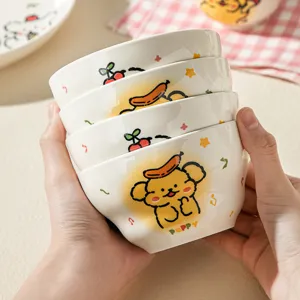 Cute ceramic rice bowl set with cartoon dog design, durable underglaze tableware.