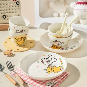 Cute ceramic bowl and plate set, underglaze color cartoon puppy tableware for home kitchen use.