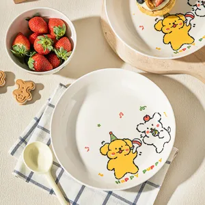 Cute ceramic tableware set with cute cartoon puppy pattern, ideal plate and bowl for food.