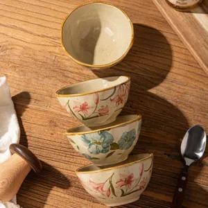 Japanese Style Ceramic Rice Bowl Underglaze Hand Painted Floral Soup Bowl For Home Kitchen Tableware