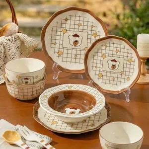 Cute Cartoon Bear Ceramic Bowl Plate Mug Spoon Tableware Set Underglaze Color Household Rice Soup Bowl Dinnerware Gift Box