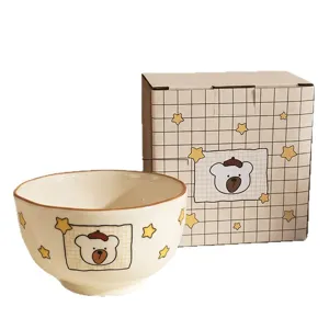 Cute cartoon ceramic bowl set with matching box, ideal for rice, soup, daily home dining use.