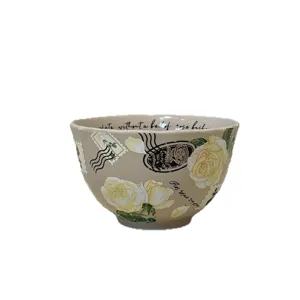 Bol de riz en céramique à fleurs rétro avec rose jaune élégante et design de timbre.