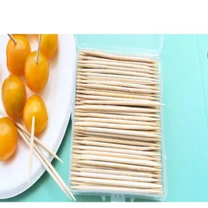 10cm double-headed bamboo fruit picks and toothpicks in storage box for snack tasting bar use.