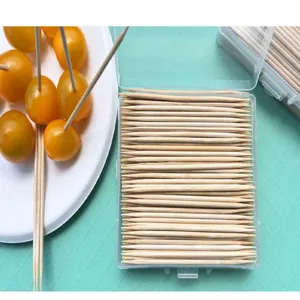 Double-ended bamboo fruit skewers in a clear storage box, perfect for parties and snacks.