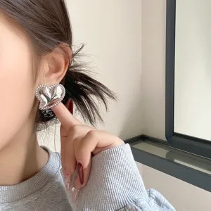 Boucles d'oreilles cœur argentées épaisses avec strass étincellants pour femmes bijoux