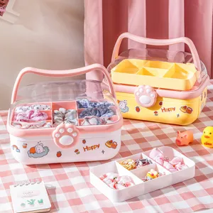 Kids Hair Accessories Storage Box Multi Layer Plastic Cosmetic Organizer With Transparent Lid Cute Cartoon Design Jewelry Box