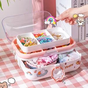 Multi-layer hair accessory storage box, pink jewelry organizer with drawers and dividers.