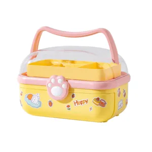 Cute kids hair accessory storage box with multi-layer drawers, pink and yellow design for girls.