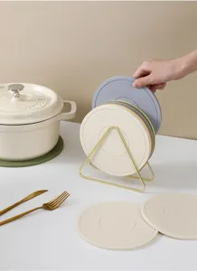 Silicone heat insulation mat set with metal holder, non-slip hot pot trivet for kitchen.