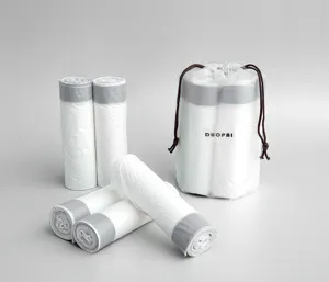 Heavy duty drawstring trash bags with convenient storage bag for home kitchen daily use.
