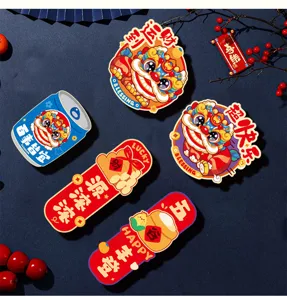 Detail view of Chinese New Year and housewarming cartoon lion fridge magnet set decorations.