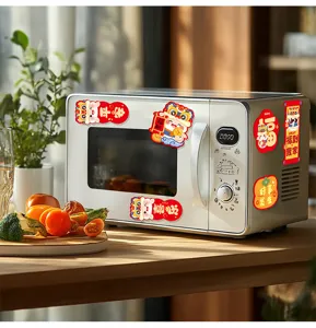 Close-up of festive housewarming magnetic fridge stickers with cute lion dance design on microwave.