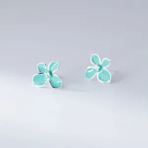 925 Sterling Silver Mint Green Four-Petal Flower Stud Earrings For Women Korean Style Sweet Niche Design Enamel Jewelry