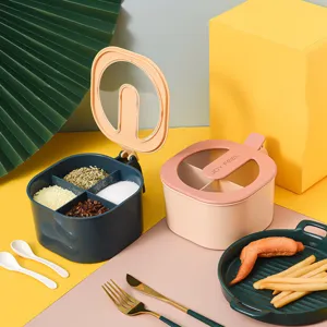 Set di Scatole per Condimenti in Plastica a 4 Scomparti Con Coperchi e Cucchiai Contenitore per Conservazione Condimenti Cucina Barattolo di Spezie
