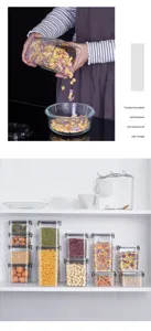 Detail view of clear plastic food storage canisters neatly stacked on shelf and in use.