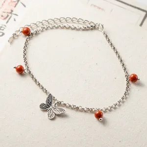 Chevillère papillon en argent avec perles d'agate rouge, bijoux vintage minimalistes pour femmes.