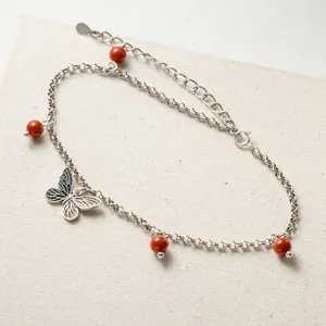 Exquis chevillère papillon en argent sterling 925 avec perles d'agate rouge, style minimaliste.