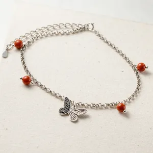 Superbe chevillère papillon en argent sterling S925 ornée de perles d'agate rouge vintage.