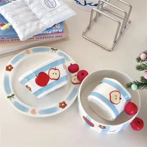 Ceramic tableware set with cute apple and stripe design, perfect for home kitchen and dining.
