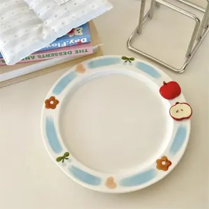 Cute cartoon ceramic dinner plate with 3D apple and floral pattern underglaze painted tableware