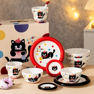 Ensemble de Vaisselle en Céramique Chat de Dessin Animé Mignon Bol à Riz Assiette Dîner