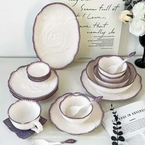 Juego de Vajilla de Cerámica Vintage con Patrón de Peonía en Relieve y Borde Morado Degradado para Cocina y Comedor
