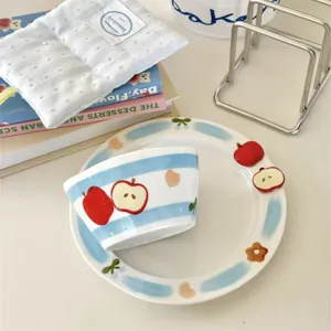 Cute cartoon underglaze ceramic bowl and plate set, blue stripe with 3D apple decor for home.