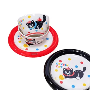 Joli ensemble de vaisselle en céramique chat mignon avec bol et assiette pour cuisine.