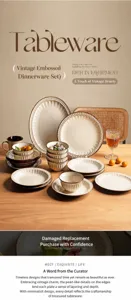 Set di stoviglie in ceramica vintage, piatti e ciotole goffrati retrò per la cucina.
